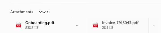 Attachment panel listing an Onboarding PDF and an invoice PDF with their file sizes