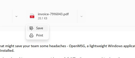 OpenMSG attachment menu open, showing Save and Print options for a PDF attachment