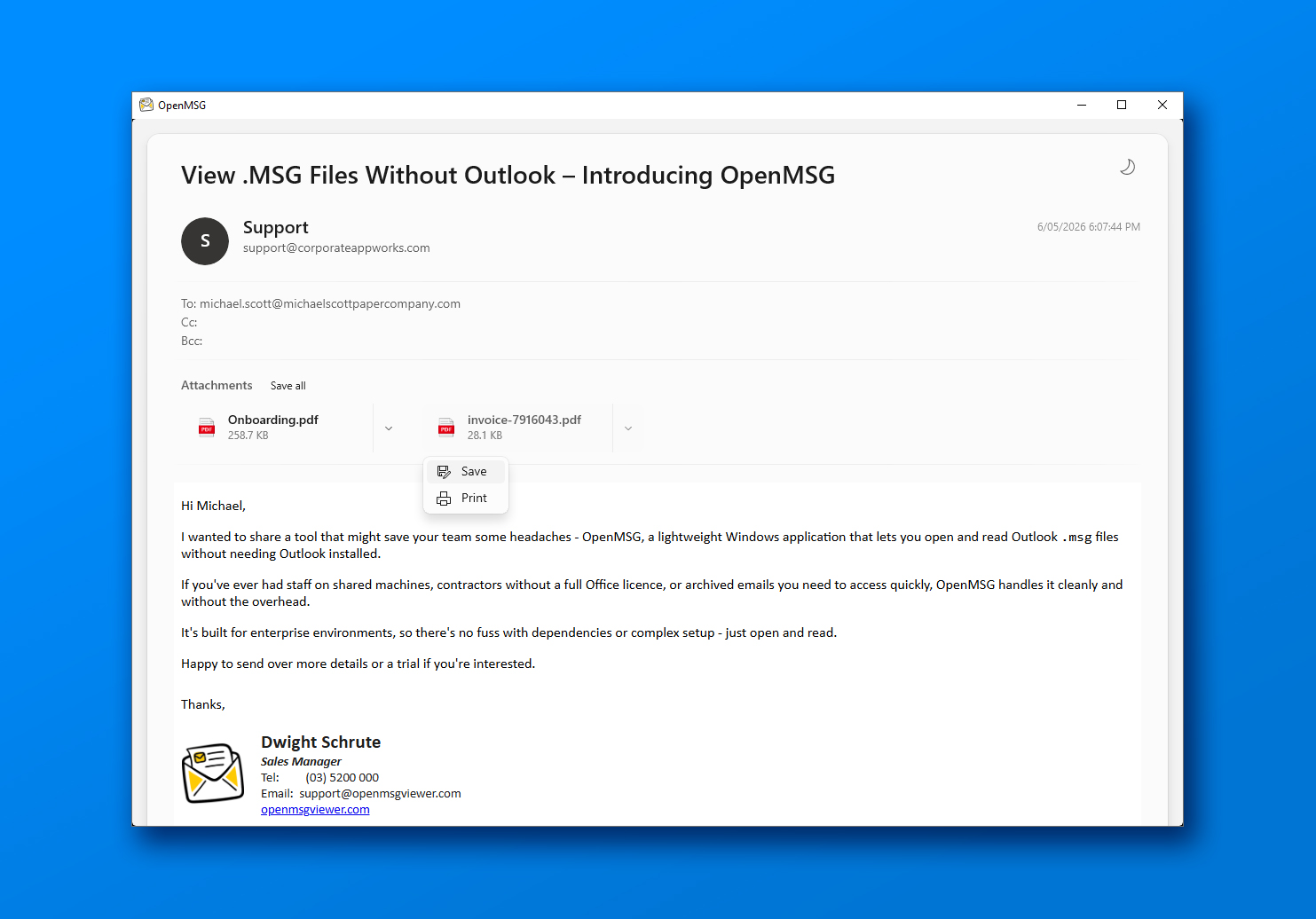 OpenMSG application interface showing an email message with sender details, formatted body, and attachment panel on Windows 11