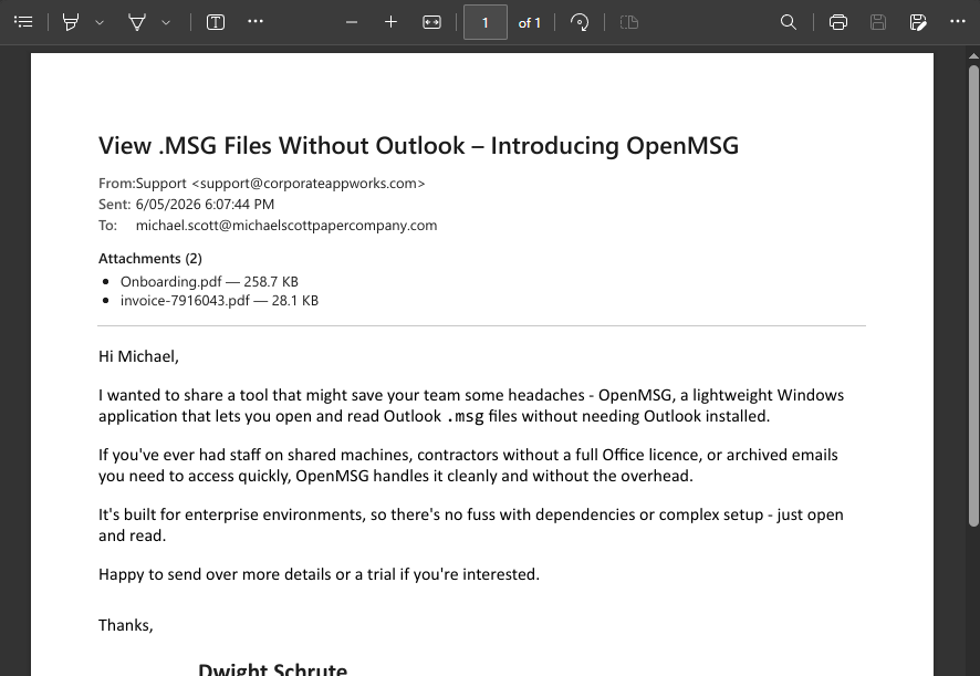 Email rendered to PDF in the Windows print preview, showing the message header, attachments and full body ready to print